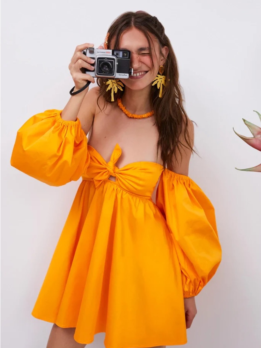 For Love & Lemons Orange Off‑Shoulder Puff‑Sleeve Mini Dress